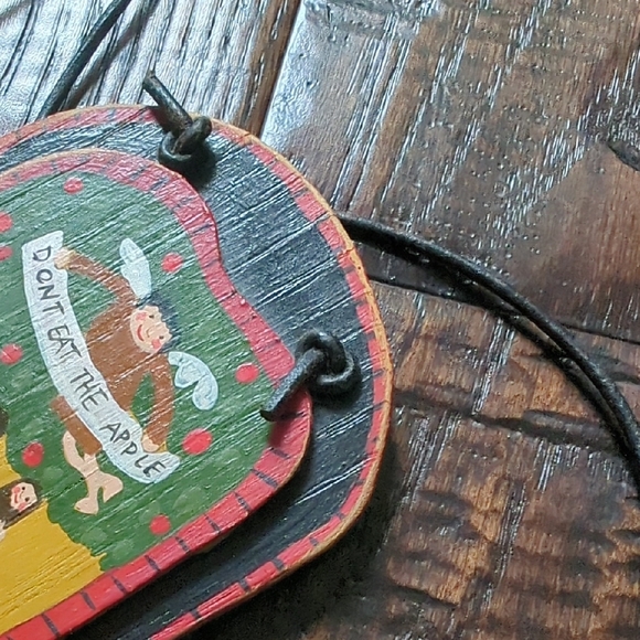 Vintage Hand-Painted Wooden Adam & Eve Folk Art Plaque Necklace by Barbra Olsen - Picture 6 of 7